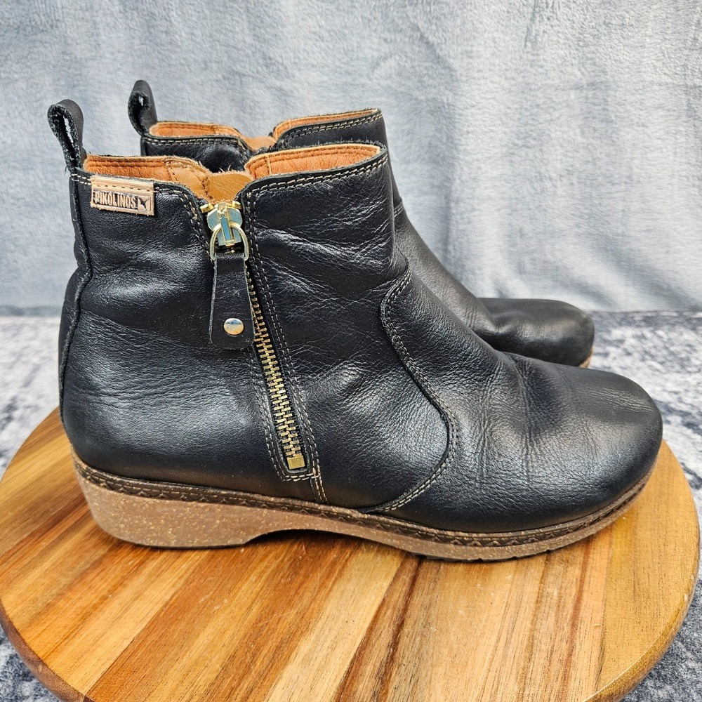 Pikolinos Granada Ankle Boots Booties Black Leather Dual Zipper Womens 39 US 8.5